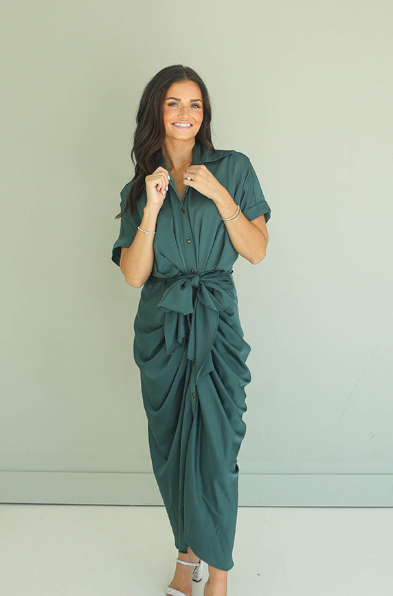 Carmen Evergreen Satin Dress - Nursing Friendly - FINAL FEW