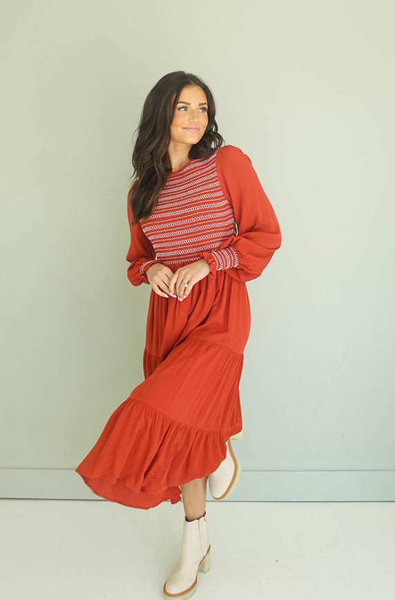Beverly Rust Embroidered Dress - Maternity Friendly - FINAL SALE