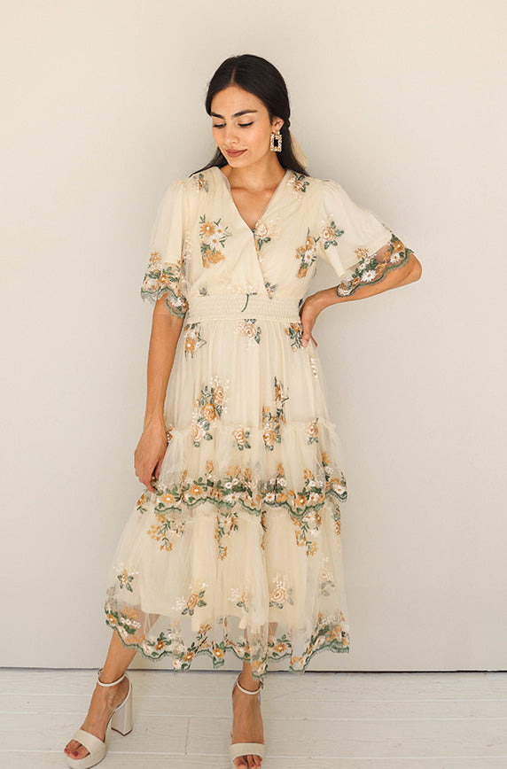 Eleanor Ivory Embroidered Tiered Dress - Nursing Friendly - Maternity Friendly