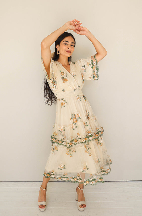 Eleanor Ivory Embroidered Tiered Dress - Nursing Friendly - Maternity Friendly