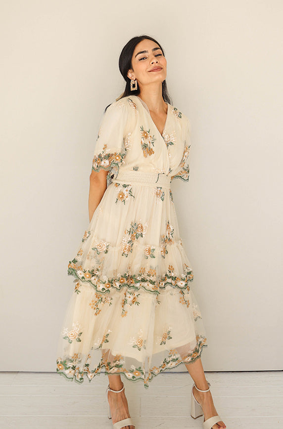 Eleanor Ivory Embroidered Tiered Dress - Nursing Friendly - Maternity Friendly