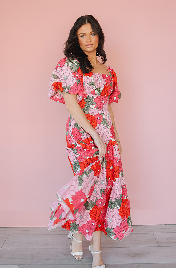 Phoebe Pink Flower Print Midi Dress