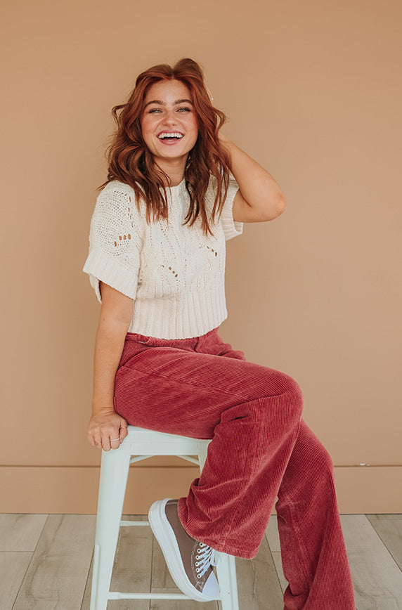 Elise Red Wide Leg Corduroy Pants