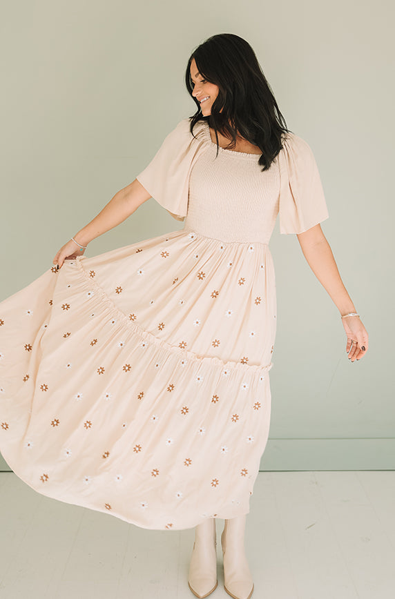 Betsy Cream Flower Embroidered Dress