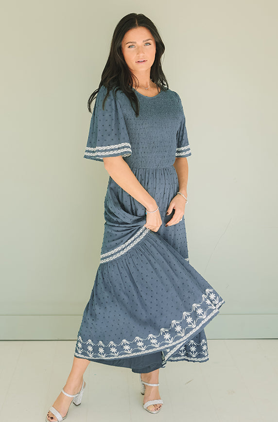 Katie Indigo Embroidered Dress - FINAL FEW -