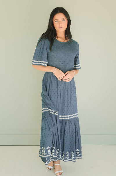 Katie Indigo Embroidered Dress - FINAL FEW -