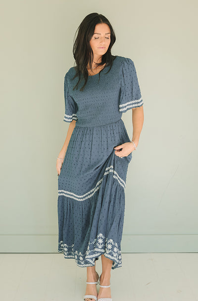 Katie Indigo Embroidered Dress - FINAL FEW -