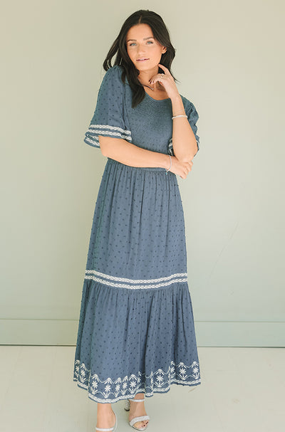 Katie Indigo Embroidered Dress - FINAL FEW -