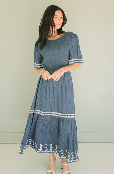 Katie Indigo Embroidered Dress - FINAL FEW -