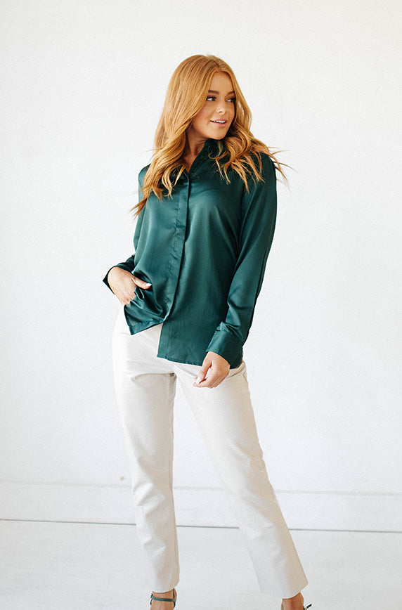 Perfect Timing Emerald Green Satin Blouse