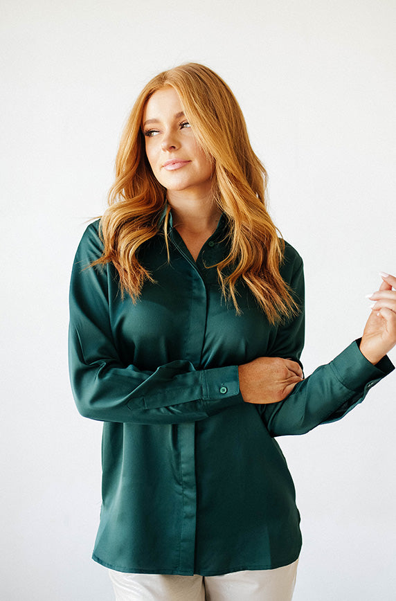 Perfect Timing Emerald Green Satin Blouse- FINAL SALE M Perfect Timing Emerald Green Satin Blouse- FINAL SALE M