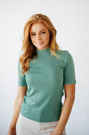First Impression Pistachio Ribbed Mock Neck Top