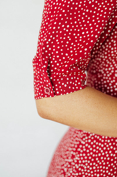 Caroline Ruby Red Dot Belt Midi Dress - Nursing Friendly
