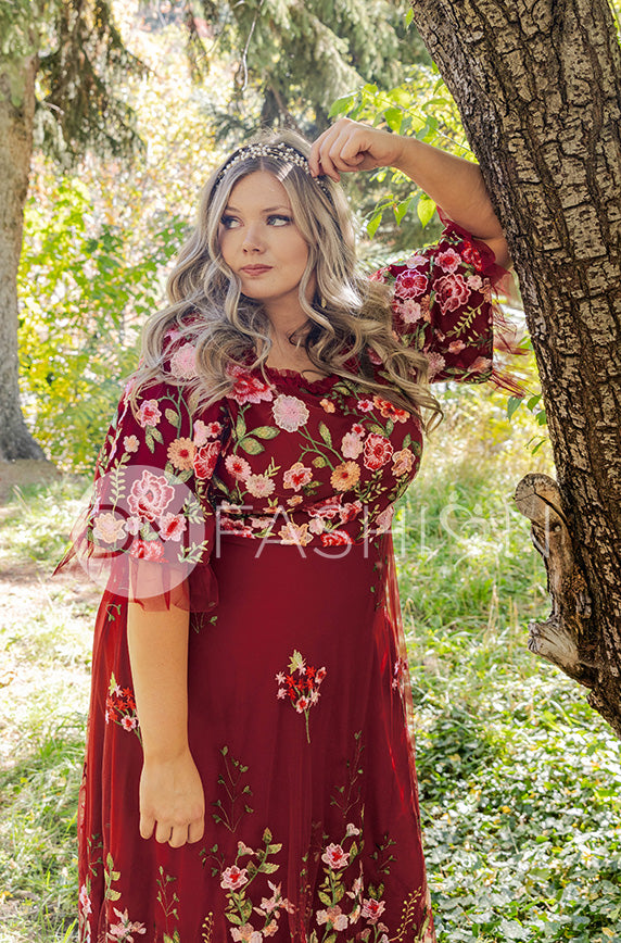 Odette Burgundy Garden Floral Gown - DM Exclusive