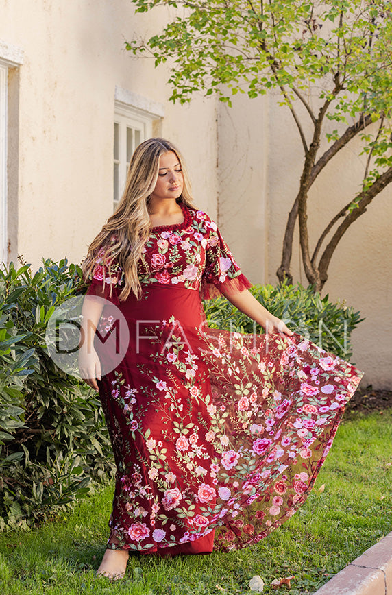 chinese dress ladies Odette Burgundy Garden Floral Gown - DM exclusive