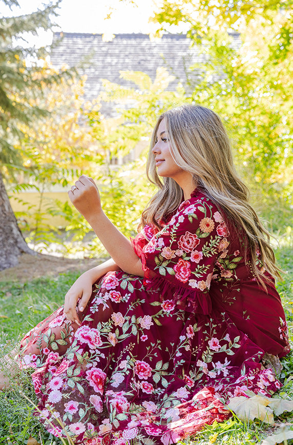floral dress burgundy Odette Garden Gown - DM Exclusive SB-Black Size:3T --- Chest = 22 inches/Waist = 21 inches/ Hollow to floor = 35 inches Nafori Pink A-Line/Princess Floral The deep floral print