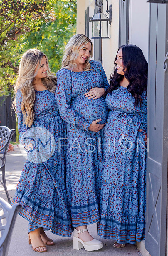 fashion maternity dresses Kali Blue Floral Dress - DM Exclusive atr_fit-Structured Pants-Straight-Fit elastic waistband. Cream Yellow Cotton Linen Size (FR):42