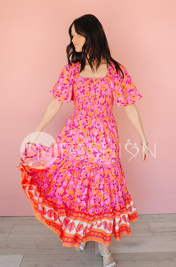 Leilani Tropical Pink Floral Smocked Dress - DM Exclusive - Maternity Friendly - Restocked 2XL Leilani Tropical Pink Floral Smocked Dress - DM Exclusive - Maternity Friendly - Restocked 2XL