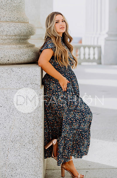Skyler Navy Blossoms Smocked Maxi Dress – Maternity Friendly - DM Exclusive
