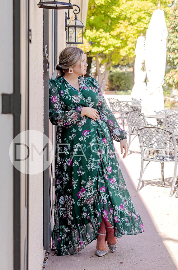 Melanee Pine Floral Wrap Dress - DM Exclusive - Maternity Friendly - Nursing Friendly - Restocked