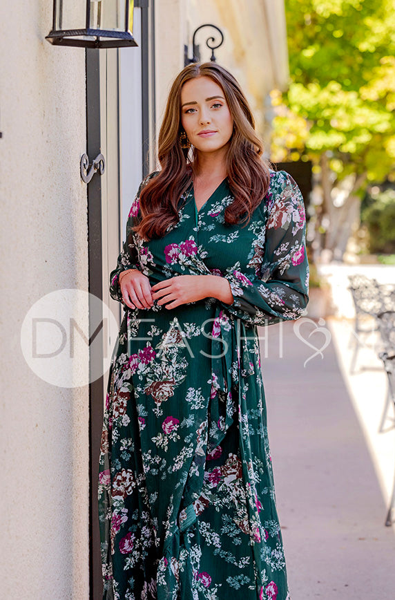 Melanee Pine Floral Wrap Dress - DM Exclusive - Maternity Friendly - Nursing Friendly - Restocked