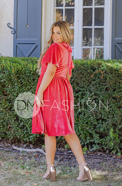 Emery Spiced Coral Velvet Party Dress- DM Exclusive - Maternity Friendly