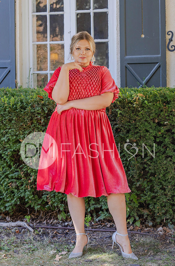 Emery Spiced Coral Velvet Party Dress- DM Exclusive - Maternity Friendly