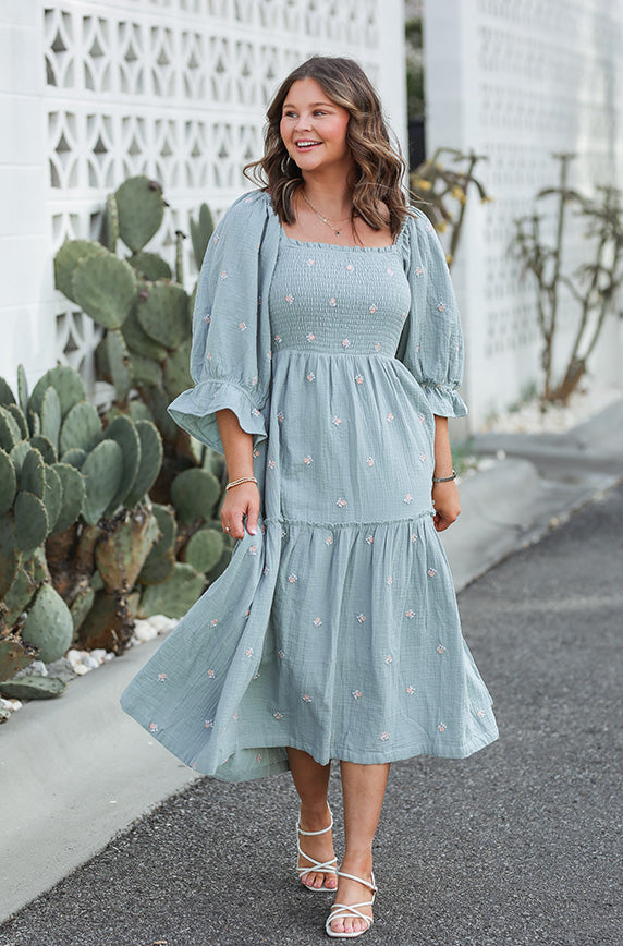 Willow Sage Floral Embroidery Dress - FINAL FEW