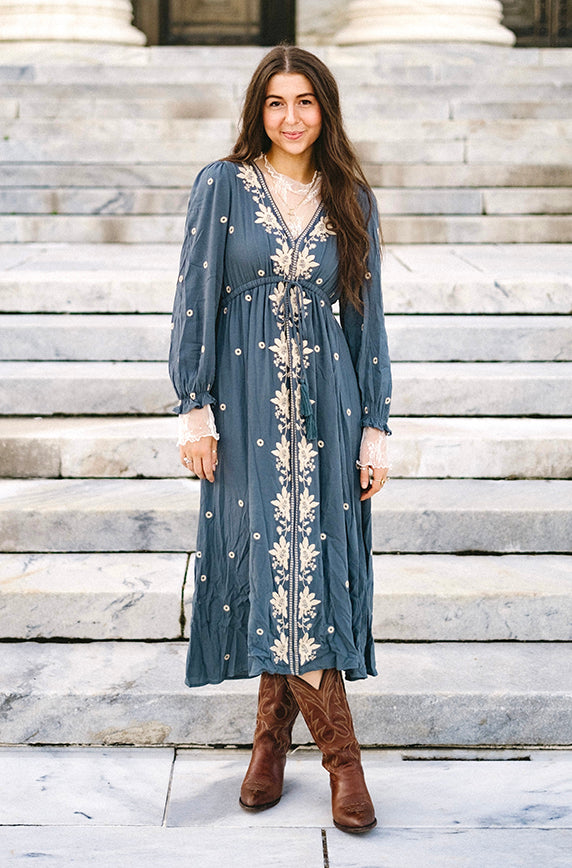 Vivienne Dusty Slate Embroidered Dress - FINAL FEW