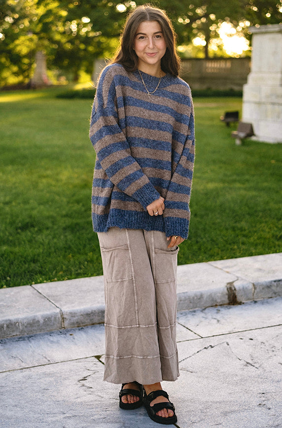 ★23SS★【WOOALONG】★Stripe over fit knit half sleev.e★ FOMOYUU Women Oversized Striped Sweater Color Block Knit
