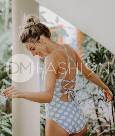 Lace Up One Piece - Maui Blue Dots - FINAL SALE - FINAL FEW