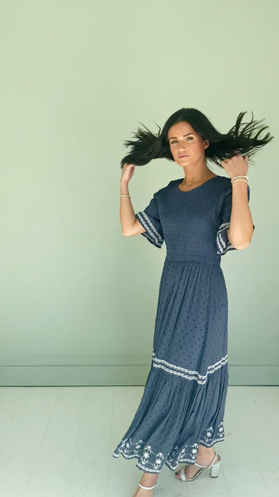 Katie Indigo Embroidered Dress - FINAL FEW -