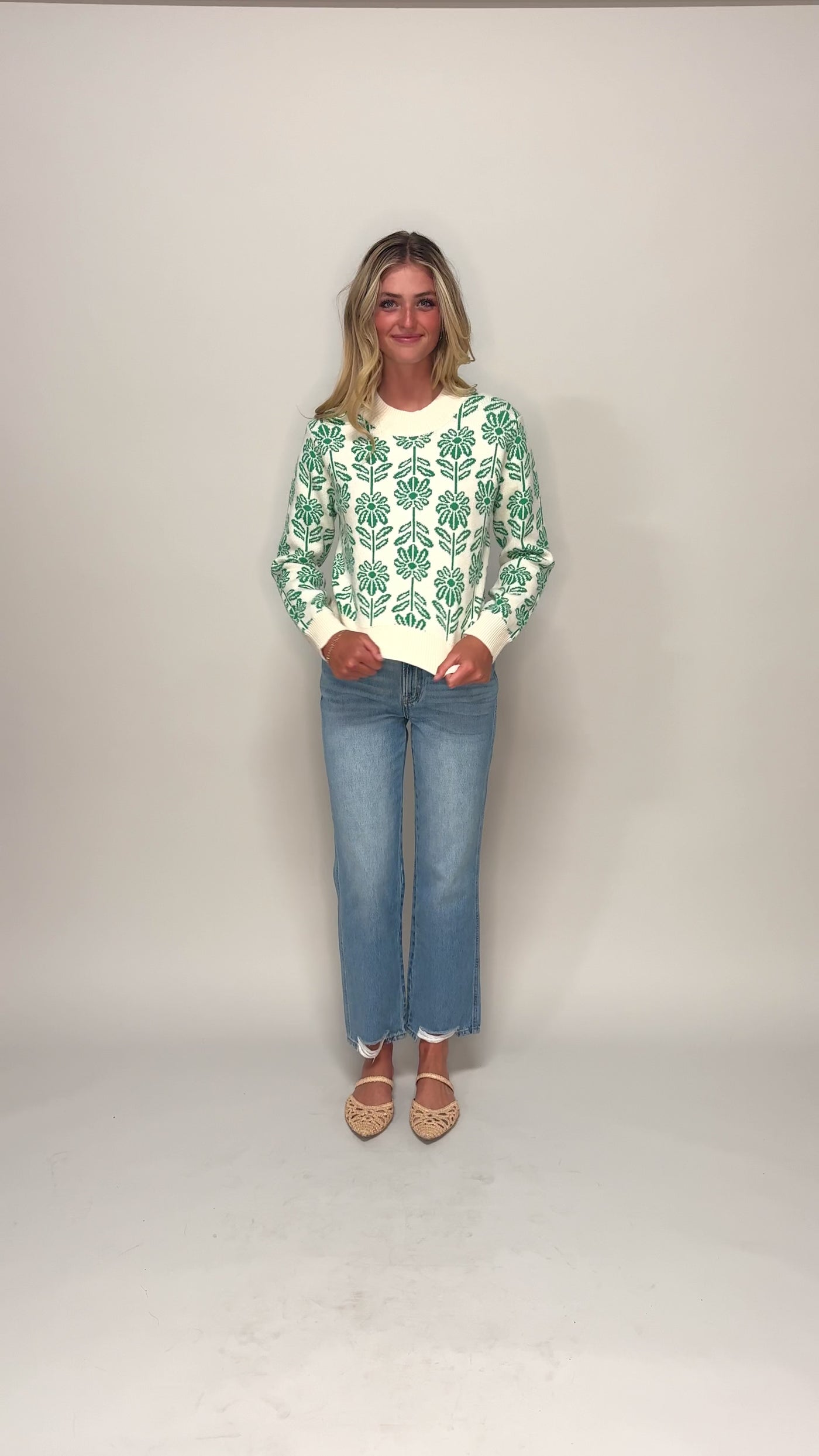 Billie Kelly Green Flower Sweater