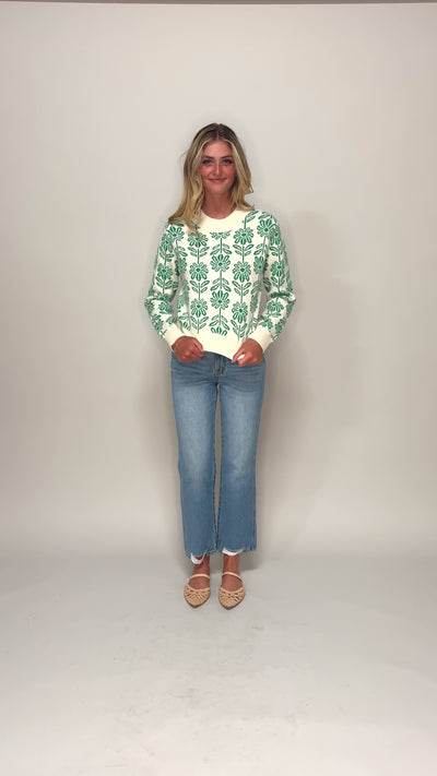 Billie Kelly Green Flower Sweater