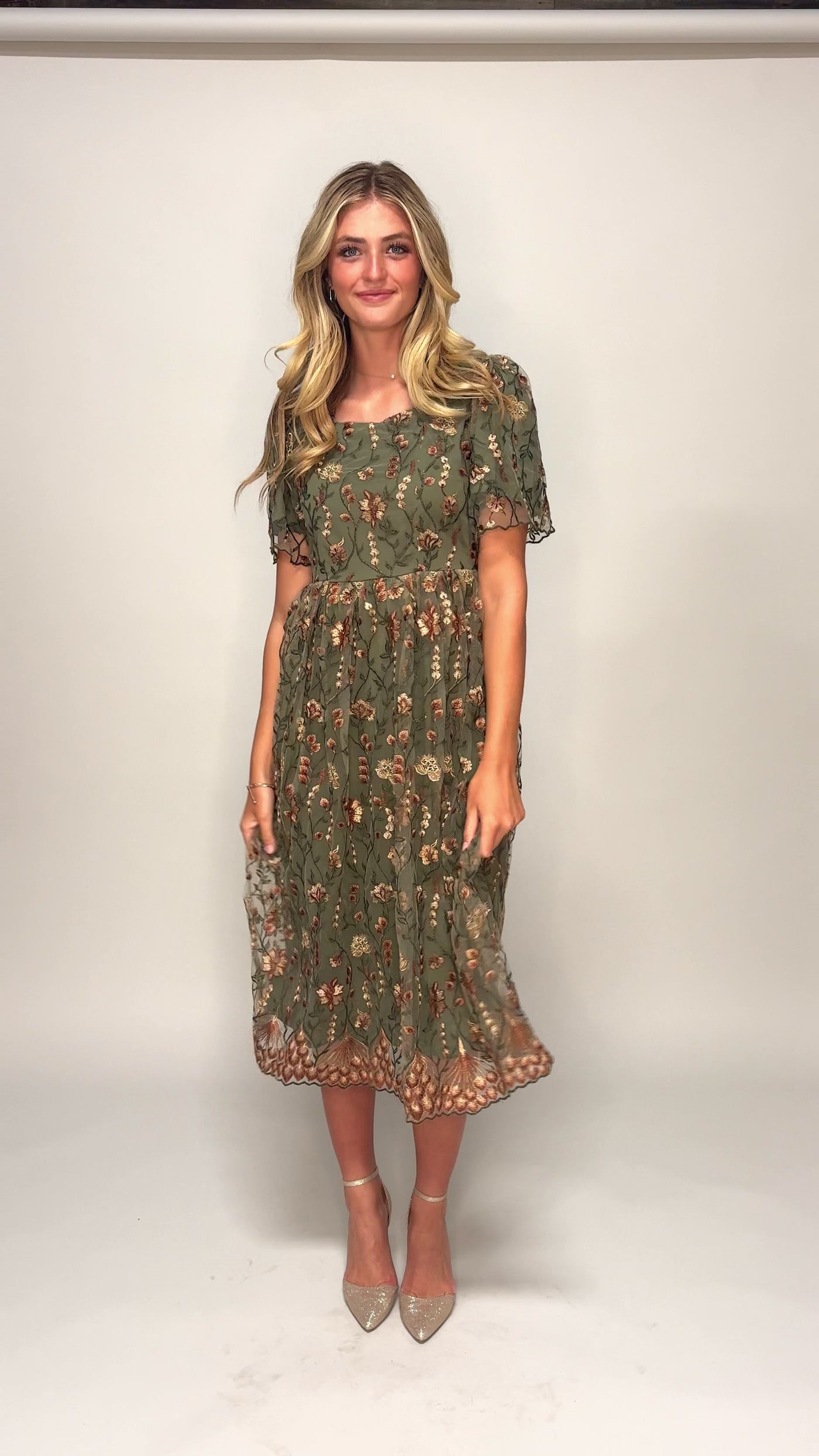 Angela Olive Floral Embroidered Dress