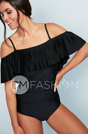 Off The Shoulder Black Pleated Ruched One Piece - FINAL SALE