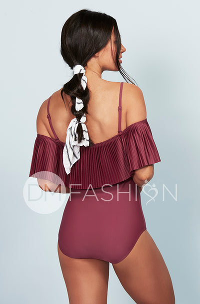 Off The Shoulder Red Plum Pleated Ruffle One Piece - FINAL SALE