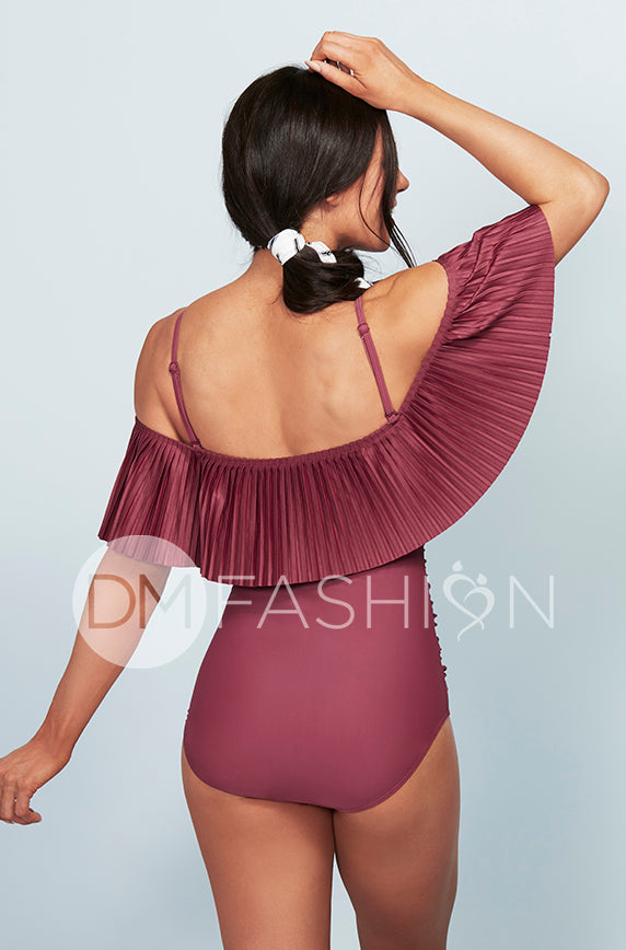 Off The Shoulder Red Plum Pleated Ruched One Piece - FINAL SALE