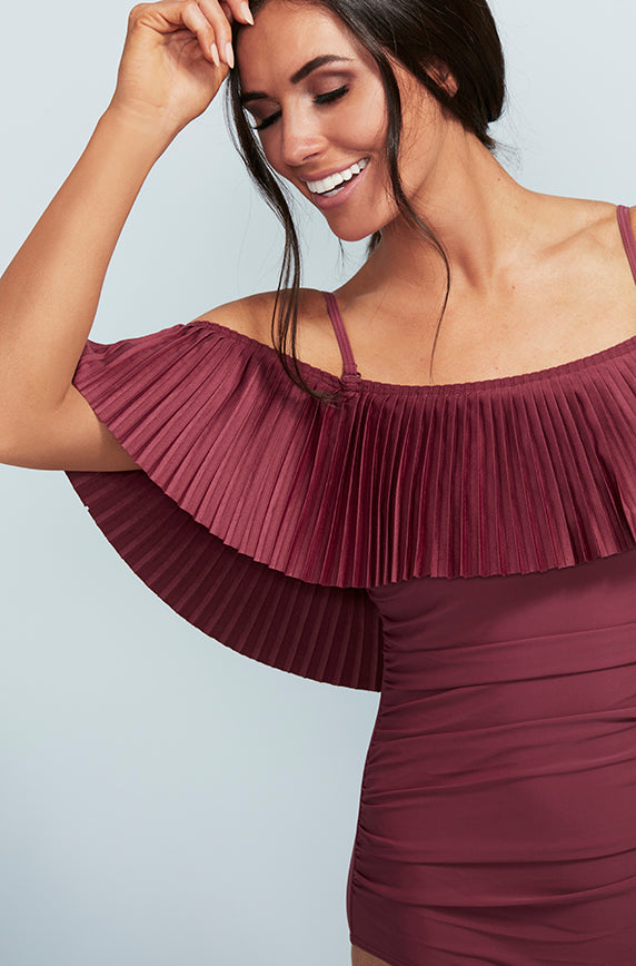 Off The Shoulder Red Plum Pleated Ruched One Piece - FINAL SALE