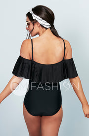 Off The Shoulder Black Pleated Ruffle One Piece - FINAL SALE
