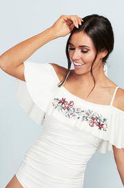 Off The Shoulder Ruffle Ruched One Piece - Cream Embroidery Floral - FINAL SALE