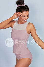 Ribbed Mesh Stripe Midkini Top - Mauve