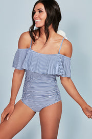 Off The Shoulder Stripe Ruffle Ruched One Piece - Ash Blue Stripes - FINAL SALE