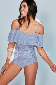 Off The Shoulder Stripe Ruffle Ruched One Piece - Ash Blue Stripes - FINAL SALE