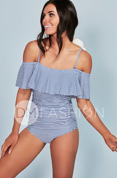 Off The Shoulder Stripe Ruffle Ruched One Piece - Ash Blue Stripes - FINAL SALE