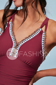 Ruched V Neck Embroidery One Piece - Red Plum - Restocked