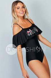 Off The Shoulder Ruffle One Piece - Black Embroidery Floral