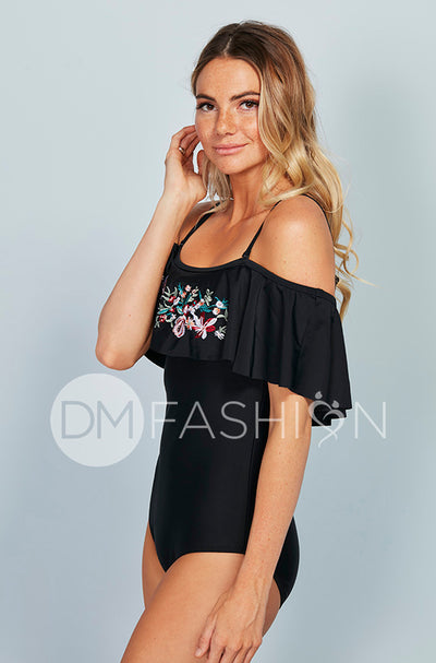 Off The Shoulder Ruffle One Piece - Black Embroidery Floral