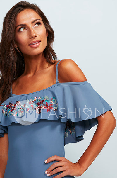 Off The Shoulder Ruffle One Piece - Ash Blue Embroidery Floral - FINAL SALE