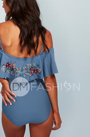 Off The Shoulder Ruffle One Piece - Ash Blue Embroidery Floral - FINAL SALE